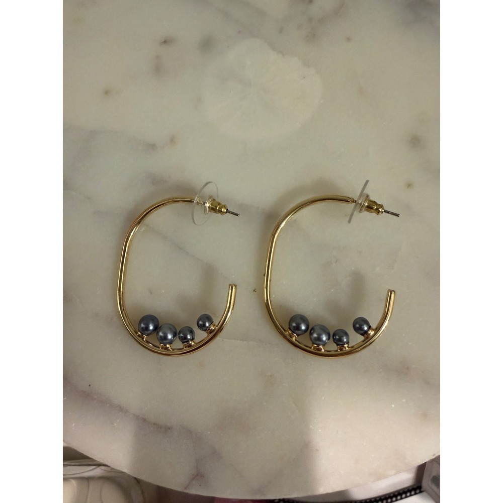 Gold Hoop Earrings With Gray‎ Pearls Dangle Drop Statement Women Fashion Jewelry
